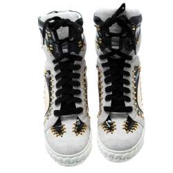 Pre Owned Casadei Tricolor Suede And Leather Studded High Top Wedge Sneakers Size 40