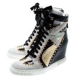 Pre Owned Casadei Tricolor Suede And Leather Studded High Top Wedge Sneakers Size 40