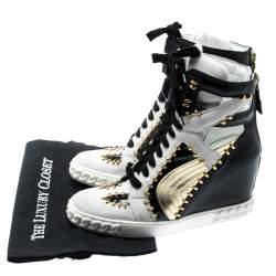 Pre Owned Casadei Tricolor Suede And Leather Studded High Top Wedge Sneakers Size 40
