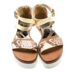 Pre Owned Casadei Yellow Patent Leather And Two Tone Python Embossed Leather Cross Strap Platform Sandals Size 37