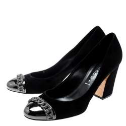 Casadei Black Suede Chain Detail Metal Cap Toe Pumps Size 38