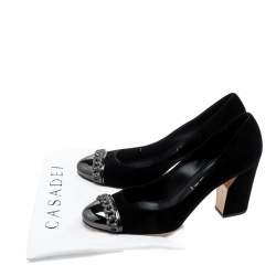 Casadei Black Suede Chain Detail Metal Cap Toe Pumps Size 38