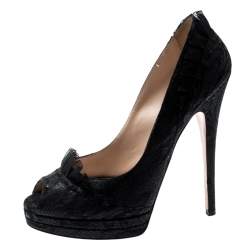 Pre Owned Casadei Black Lace Peep Toe Frill Trim Platform Pumps Size 38