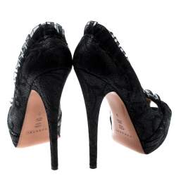 Pre Owned Casadei Black Lace Peep Toe Frill Trim Platform Pumps Size 38