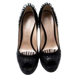 Pre Owned Casadei Black Lace Peep Toe Frill Trim Platform Pumps Size 38