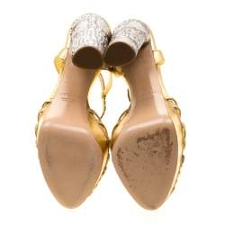 Casadei Gold/Beige Leather and Python Trim Strappy Platform Open Toe Sandals Size 38