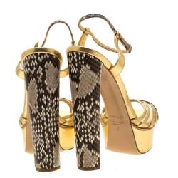 Casadei Gold/Beige Leather and Python Trim Strappy Platform Open Toe Sandals Size 38