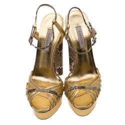 Casadei Gold/Beige Leather and Python Trim Strappy Platform Open Toe Sandals Size 38