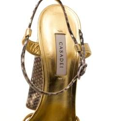 Casadei Gold/Beige Leather and Python Trim Strappy Platform Open Toe Sandals Size 38