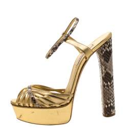 Casadei Gold/Beige Leather and Python Trim Strappy Platform Open Toe Sandals Size 38