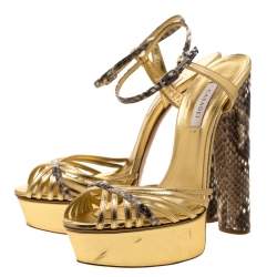 Casadei Gold/Beige Leather and Python Trim Strappy Platform Open Toe Sandals Size 38