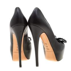 Pre Owned Casadei Black Leather Embellished Bow Platform Pumps Size 38.5