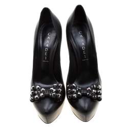 Pre Owned Casadei Black Leather Embellished Bow Platform Pumps Size 38.5