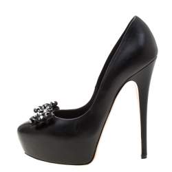 Pre Owned Casadei Black Leather Embellished Bow Platform Pumps Size 38.5