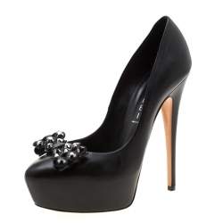Pre Owned Casadei Black Leather Embellished Bow Platform Pumps Size 38.5