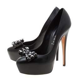 Pre Owned Casadei Black Leather Embellished Bow Platform Pumps Size 38.5