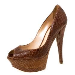 Casadei Brown Python Embossed Leather Peep Toe Platform Pumps Size 38