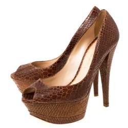 Casadei Brown Python Embossed Leather Peep Toe Platform Pumps Size 38