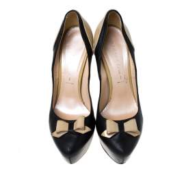 Casadei Black/Beige Leather Bow Platform Pumps Size 36.5 