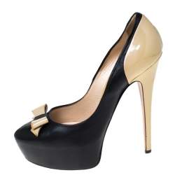 Casadei Black/Beige Leather Bow Platform Pumps Size 36.5 