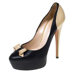 Casadei Black/Beige Leather Bow Platform Pumps Size 36.5 