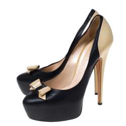 Casadei Black/Beige Leather Bow Platform Pumps Size 36.5 