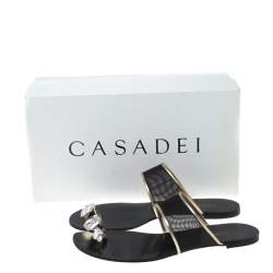 Pre Owned Casadei Mesh And Leather Trim Embellished Toe Ring Flats Size 37