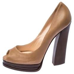 Pre Owned Casadei Dark Beige Leather Peep Toe Wooden Heel Platform Pumps Size 38.5