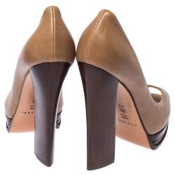 Pre Owned Casadei Dark Beige Leather Peep Toe Wooden Heel Platform Pumps Size 38.5