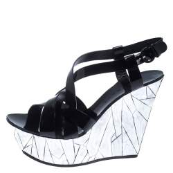 Casadei Black Patent Leather Wedge Platform Strappy Sandals Size 40