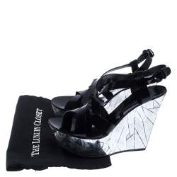 Casadei Black Patent Leather Wedge Platform Strappy Sandals Size 40