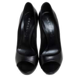 Pre Owned Casadei Black Leather Peep Toe Pumps Size 38.5