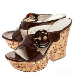 Pre Owned Casadei Brown Buckle Crisscross Patent Leather Cork Wedge Sandals Size 37