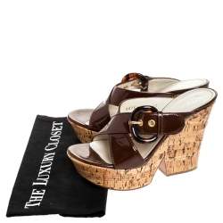 Pre Owned Casadei Brown Buckle Crisscross Patent Leather Cork Wedge Sandals Size 37