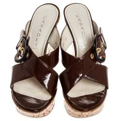 Pre Owned Casadei Brown Buckle Crisscross Patent Leather Cork Wedge Sandals Size 37
