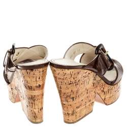 Pre Owned Casadei Brown Buckle Crisscross Patent Leather Cork Wedge Sandals Size 37