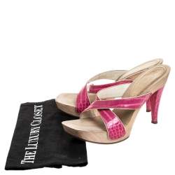 Pre Owned Casadei Pink Croc Embossed Leather Open Toe Platform Sandals Size 37.5