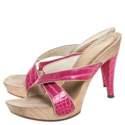 Pre Owned Casadei Pink Croc Embossed Leather Open Toe Platform Sandals Size 37.5