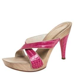 Pre Owned Casadei Pink Croc Embossed Leather Open Toe Platform Sandals Size 37.5