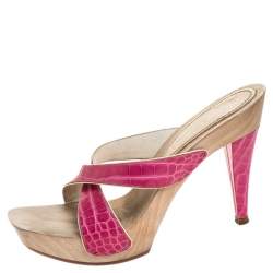 Pre Owned Casadei Pink Croc Embossed Leather Open Toe Platform Sandals Size 37.5