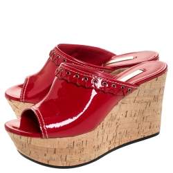 Pre Owned Casadei Red Patent Leather Cork Platform Wedge Sandals Size 37.5
