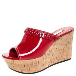 Pre Owned Casadei Red Patent Leather Cork Platform Wedge Sandals Size 37.5