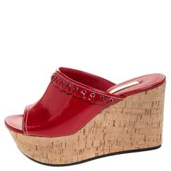 Pre Owned Casadei Red Patent Leather Cork Platform Wedge Sandals Size 37.5