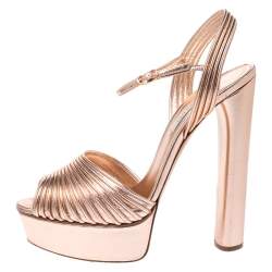 Pre Owned Casadei Metallic Bronze Leather Piping Detail Ankle Strap Platform Sandals Size 39