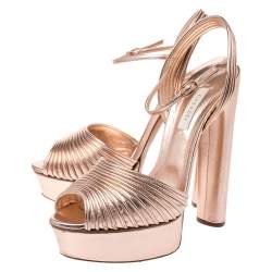 Pre Owned Casadei Metallic Bronze Leather Piping Detail Ankle Strap Platform Sandals Size 39