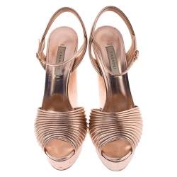 Pre Owned Casadei Metallic Bronze Leather Piping Detail Ankle Strap Platform Sandals Size 39