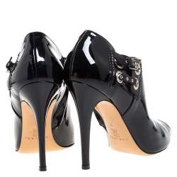 Pre Owned Casadei Black Patent Leather Peep Toe Buckle Booties Size 39 