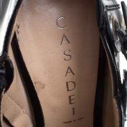 Pre Owned Casadei Black Patent Leather Peep Toe Buckle Booties Size 39 