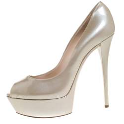 Casadei Beige Patent Leather Peep Toe Platform Pumps Size 40