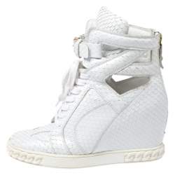Pre Owned Casadei White Python Embossed Leather Wedge Cut Out Chain Motif Buckle Ankle Boots Size 40